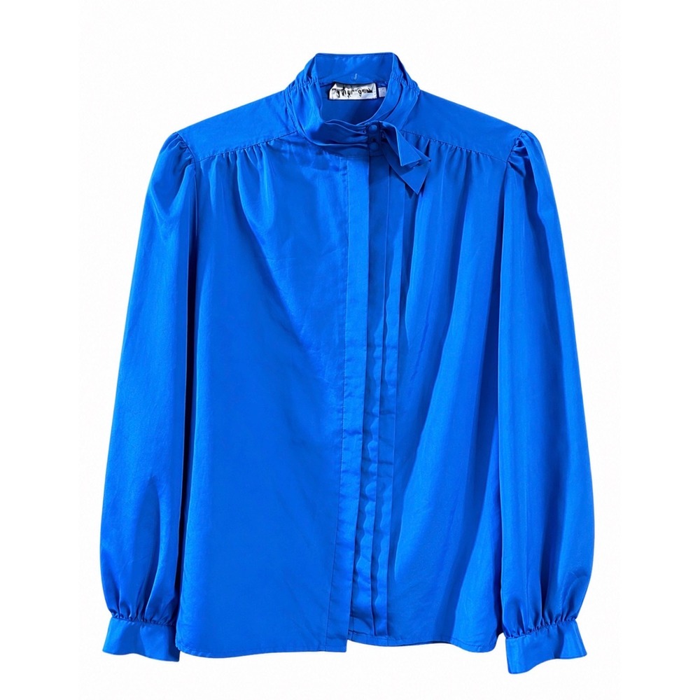 VTG Lady Manhattan‎ Cobalt Blue Secretary Blouse Women's Size 10 Made in Taiwan